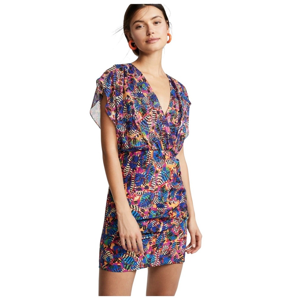 SALONI Leaf Print BROOKE Flutter Sleeve Chiffon Ruched Silk Mini Dress UK10 US 6